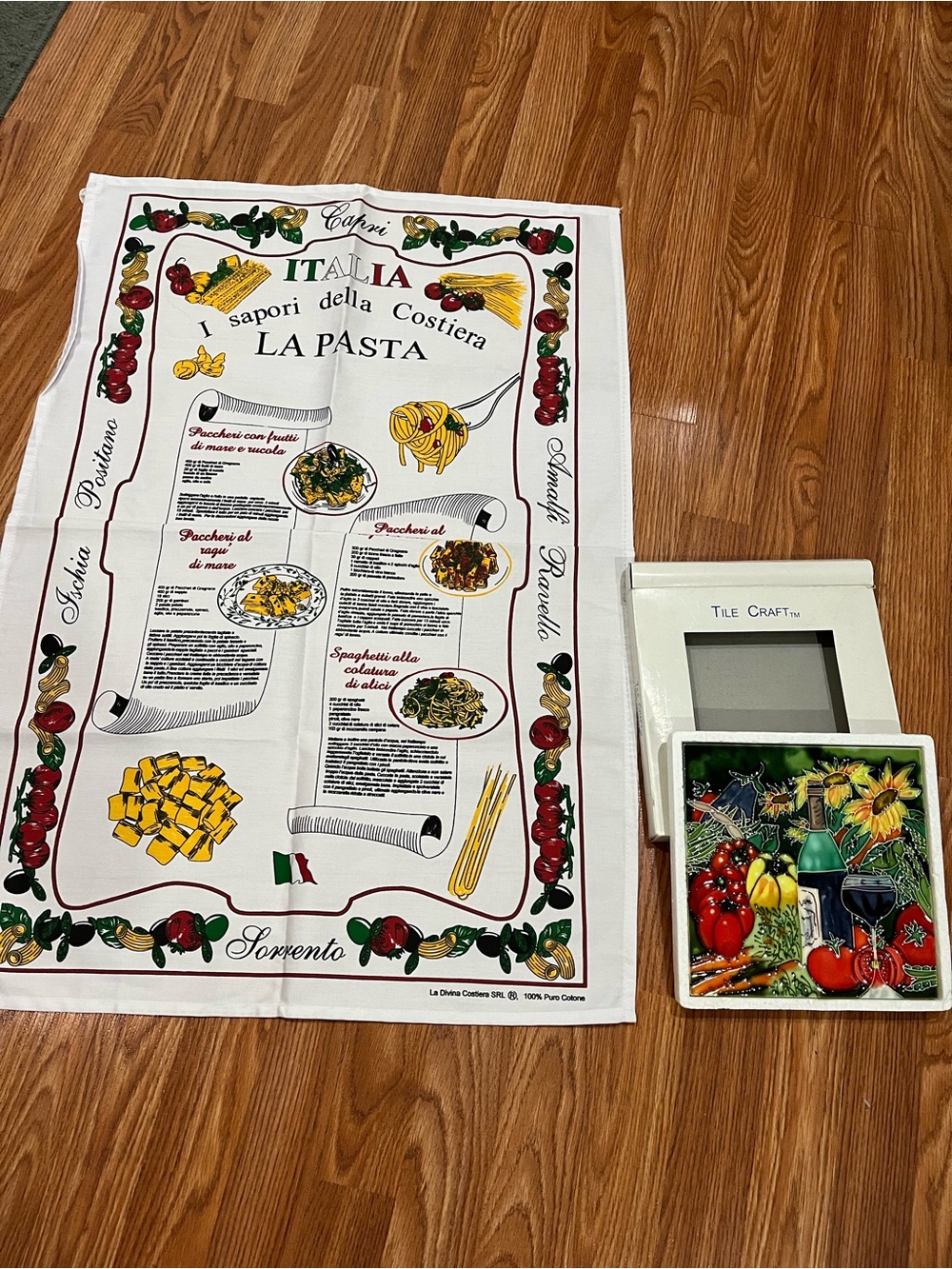 Italina White Kitchen Towel with Red, Green, Yellow Accents